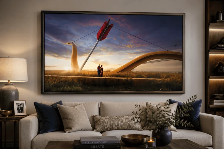 Environmental couple portrait at Cupid’s Span, framed above a sofa