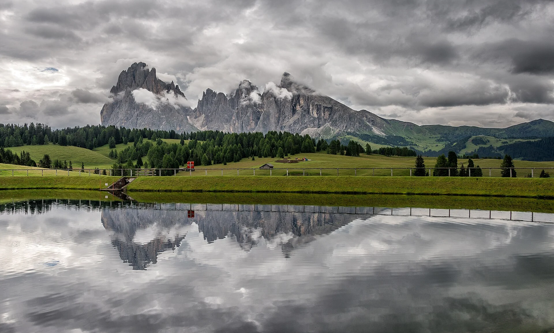 Rolling alpine landscape of Alpe di Siusi in the Italian Dolomites