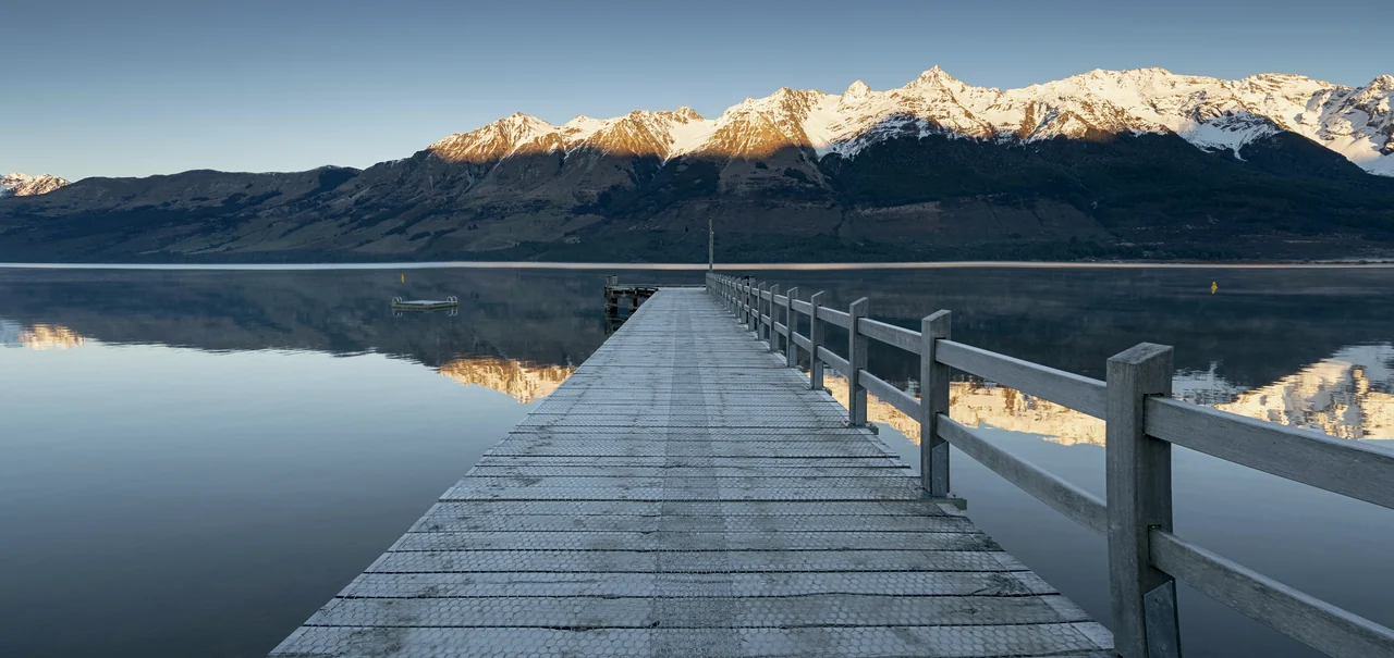 Glenorchy wharf on Lake Wakatipu, with the Humboldt Mountains beyond
