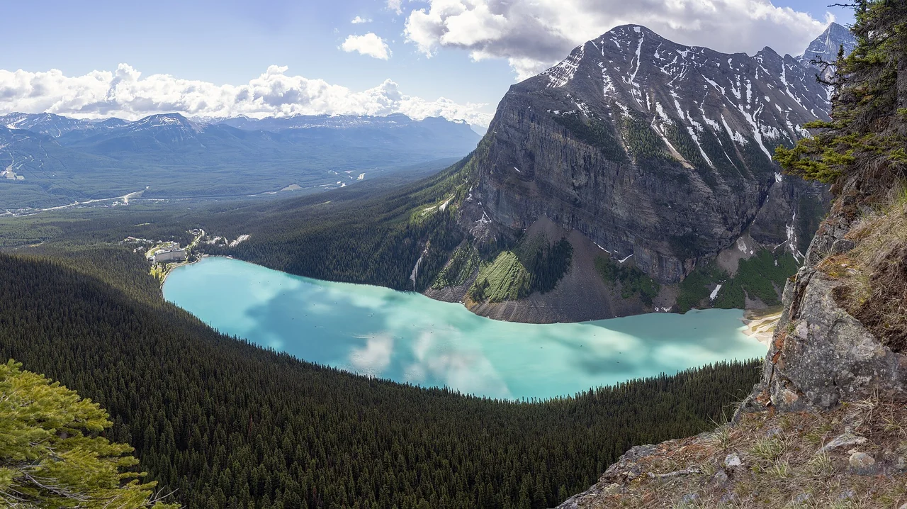 Lake Louise from an elevated mountain viewpoint, Alberta