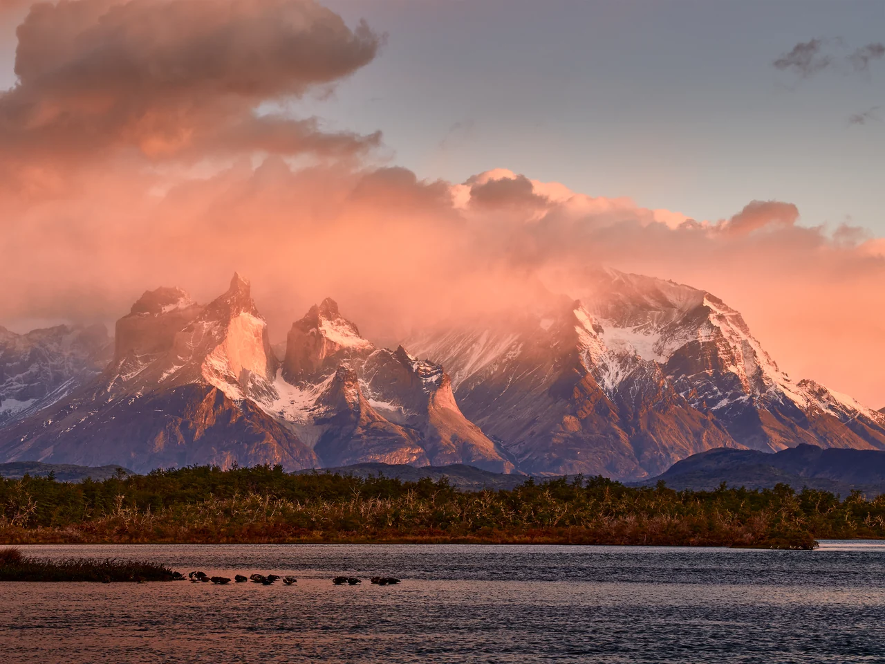 Cuernos del Paine and the Paine massif at dawn, viewed from Lake Pehoé in Torres del Paine National Park