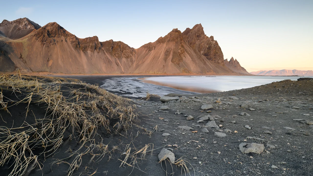 Vestrahorn after sunrise from the Stokksnes shoreline, Iceland