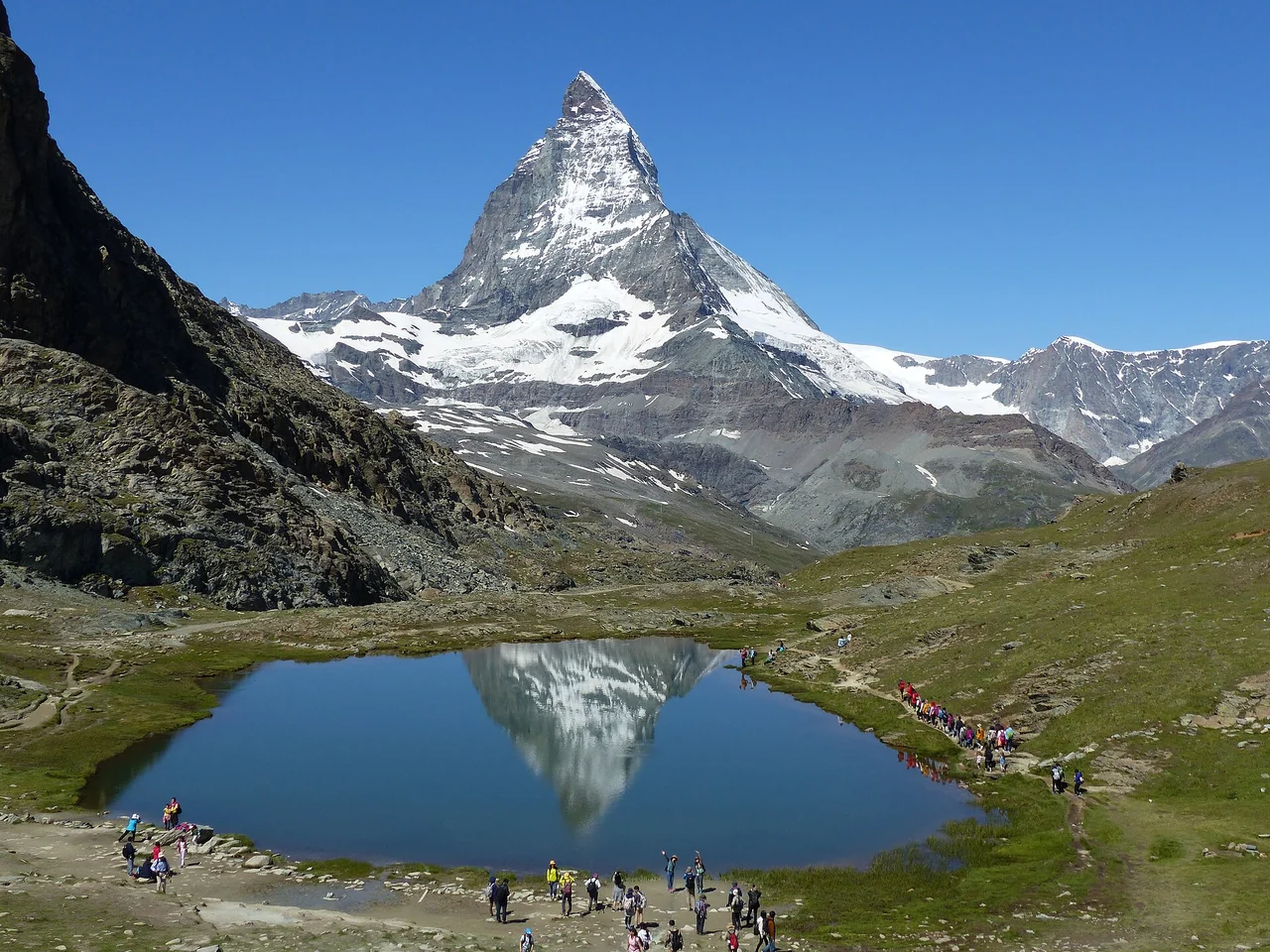 The Matterhorn reflected in Riffelsee above Zermatt, Switzerland