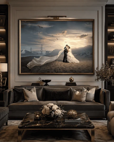 Golden Gate portrait displayed in a room visualization