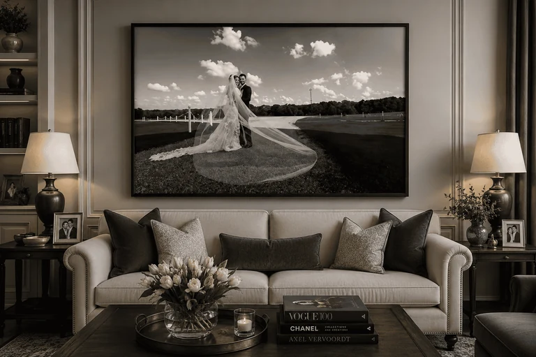Black and white wedding portrait with a long veil in a large black frame above a sofa