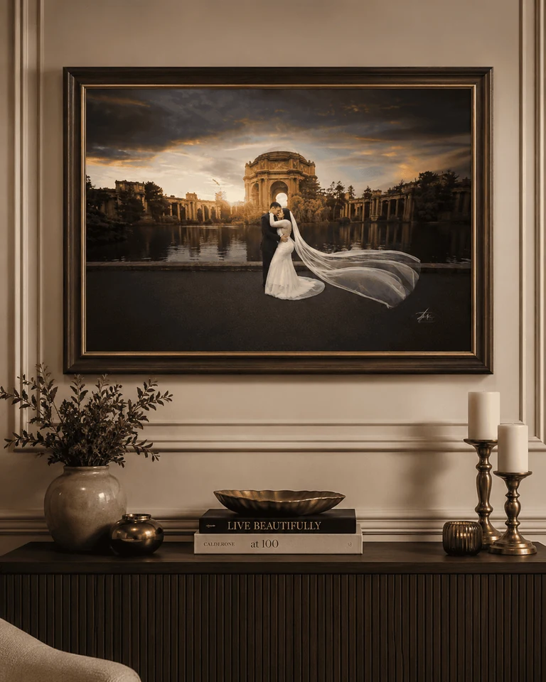 Wedding portrait at the Palace of Fine Arts framed above a console